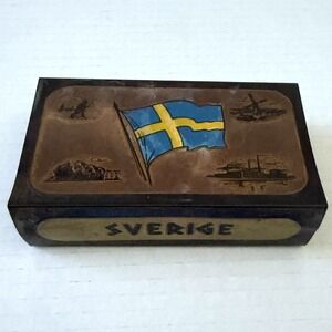 Antique Vintage Metal MatchBox Holder Case Sverige Sweden Swedish‎ Matches